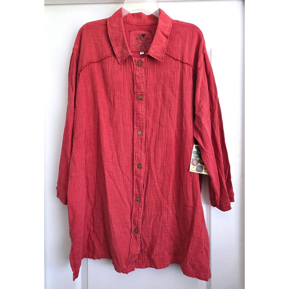 Produce Company Red Cotton Gauze Button Tunic Shirt Sz 1X Made in USA VTG NEW